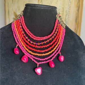 Multi strand Beaded Glass Acrylic Statement Necklace Boho Pre Owned
